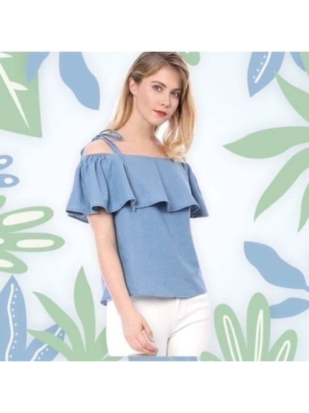 ALLEGRA K Chambray Denim Ruffled Off The Shoulder Self-Tie-Strap Top/LG NWOT